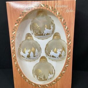 Christmas By Krebs Glass Ornaments Set Of 4 Frost Winter Deer Scene Gold Vintage